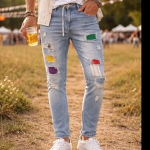 M. Society Streetwear Mens Light Blue Distressed Patchwork Slim Jeans 34x30 NEW